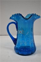 Vintage Blue Moser Style Ruffle Top Pitcher