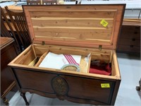 4FT LONG CEDAR CHEST ON LEGS W/ CONTENTS - DOES