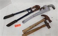 Hammers, pipe wrench and bolt cutters