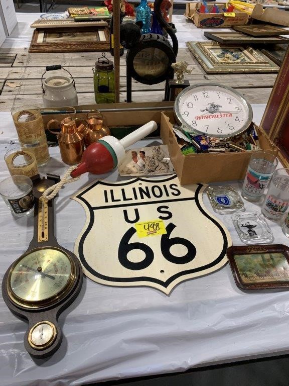 WINCHESTER CLOCK, METAL ROUTE 66 SIGN, BAROMETER,