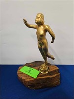 Brass Finished Metal Nude Statue on Wood Base