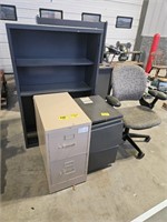 FILING CABINETS, SHELF, AND OFFICE CHAIR
