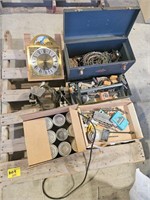 TOOLBOX AND CONTENTS, TABLE GRINDER, DRILL BITS,