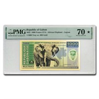 2022 Gabon Gold African Elephant Note Ms-70* Pmg