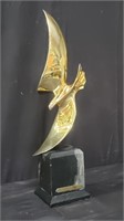 Signed brass bird sculpture on marble & wood base,
