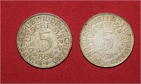 1956D & 1958G Germany Silver 5 Mark