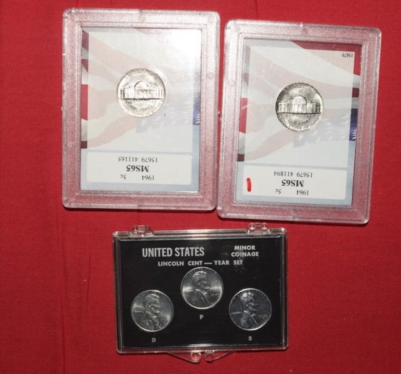 1964 & 64D Nickels MS65 (AACGS) and 1943D-P-S