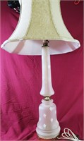 VINTAGE WHITE FLORAL SATIN GLASS LAMP WITH SHADE