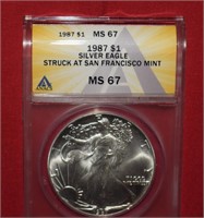 1987 Silver Eagle  MS67  ANACS-Struck in San