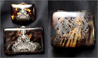 THREE FINE CARVED & SILVER OVERLAID TORTOISE CASES