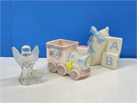 2 Baby Flower Planters And Angel Candle Holder