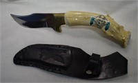 Stag Handle Fix Blade Knife w/ Wolf Design &