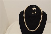 Pearl Necklace w/ Chain Guard and Earrings