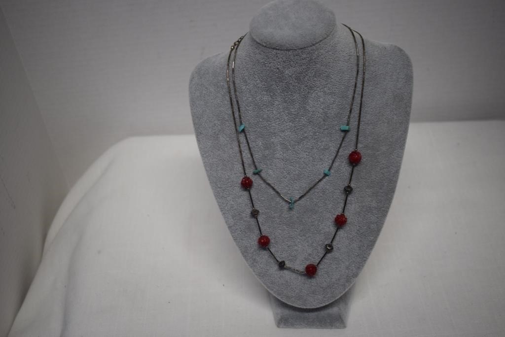 Two Sterling Necklace - Turquoise & Red Beads