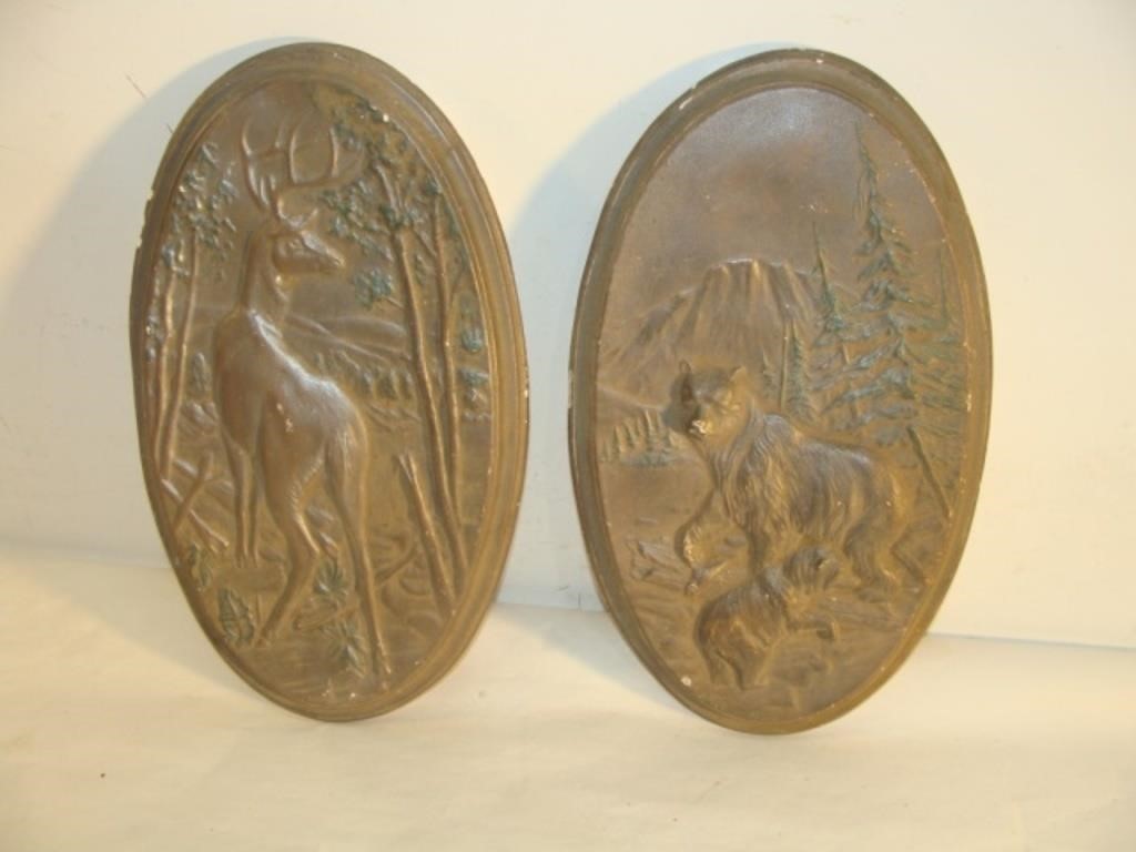 Chalkware Deer and Bear Plaques