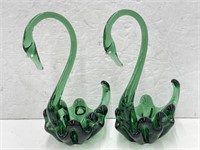 Pair Of Green Blown Glass Swan Dishes