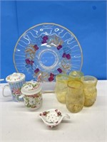4 Yellow Vases, Platter, 2 Loose Leaf Tea Cups &