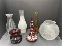 3 Shades, Red Glass Decanter, Amber Vase,