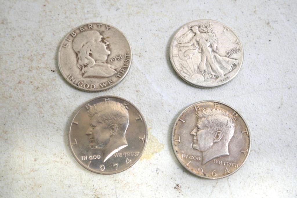 1941, 1951, 1964, 1974 US Half Dollars