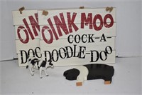 Two Wood Oink Moo Cock-a-Doodle Signs, Cow, Pig