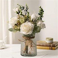 YJ Fake Flowers with Vase, Silk Roses Artificial F