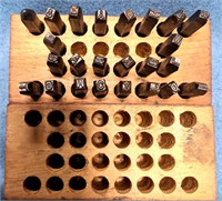 SET OF STEEL LETTER STAMPS PUNCH IN WOOD CARRY BOX