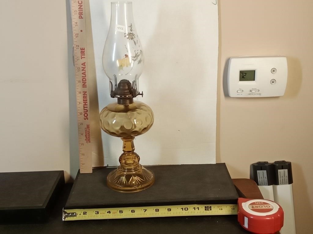 Antique Amber Glass Oil Lamp w/ Fan & Raindrop