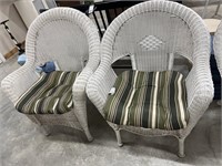Pair Of White Wicker  Style Chairs with Striped