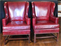 A PAIR HICKORY BRAND RED LEATHER WING BACK CHAIRS