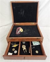 Wooden Trinket Box W/ Trinkets & Foreign Money