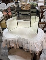 Vintage Vanity Table with Stool , Trifold Etched