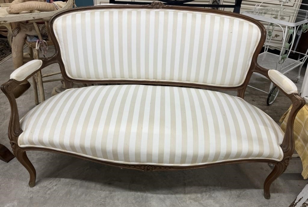 Vintage Upholstered Settee, Striped Fabric