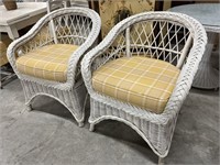 Pair of White Wicker Chairs with Patterned