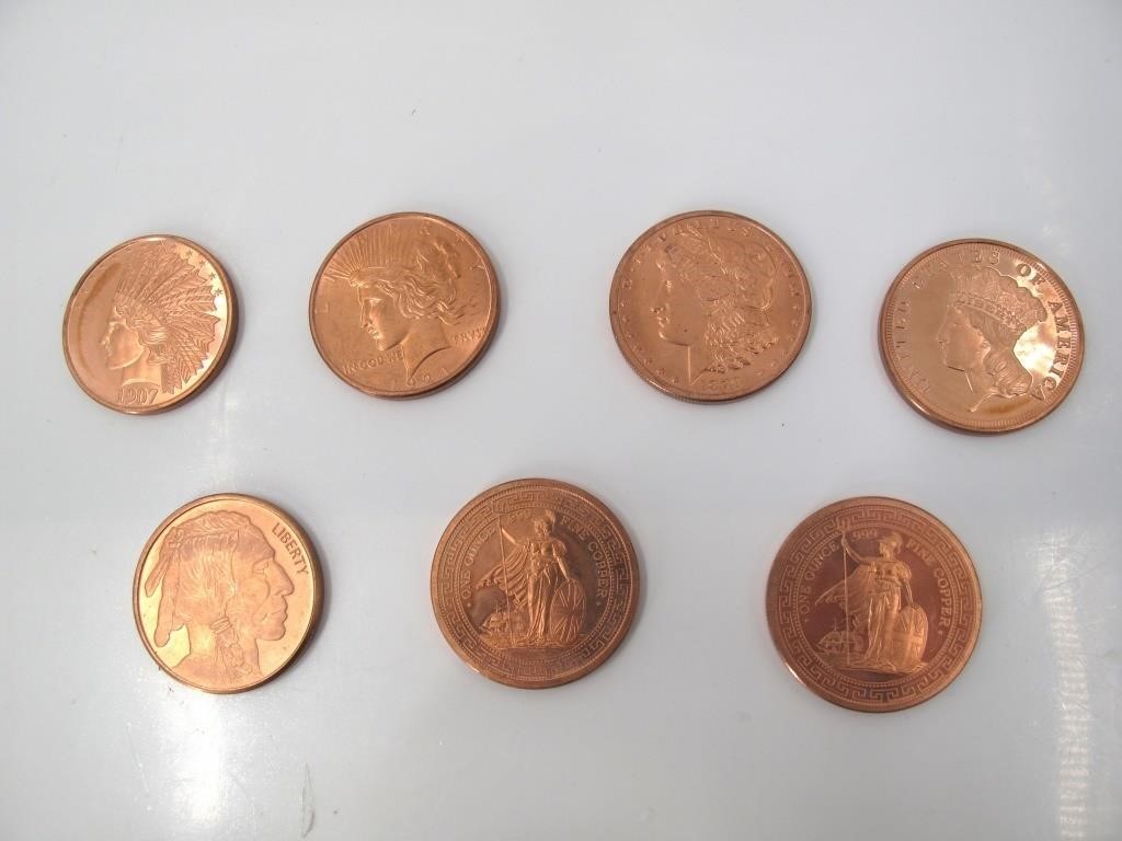 Lot of 7 one oz Copper Coins .999