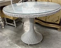 White Wicker Table , Round with Glass Top