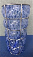 Blue Speckled  Bubble Glass Encased In Wire Vase