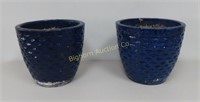 Glazed Blue Ceramic Pots w/ Dirt