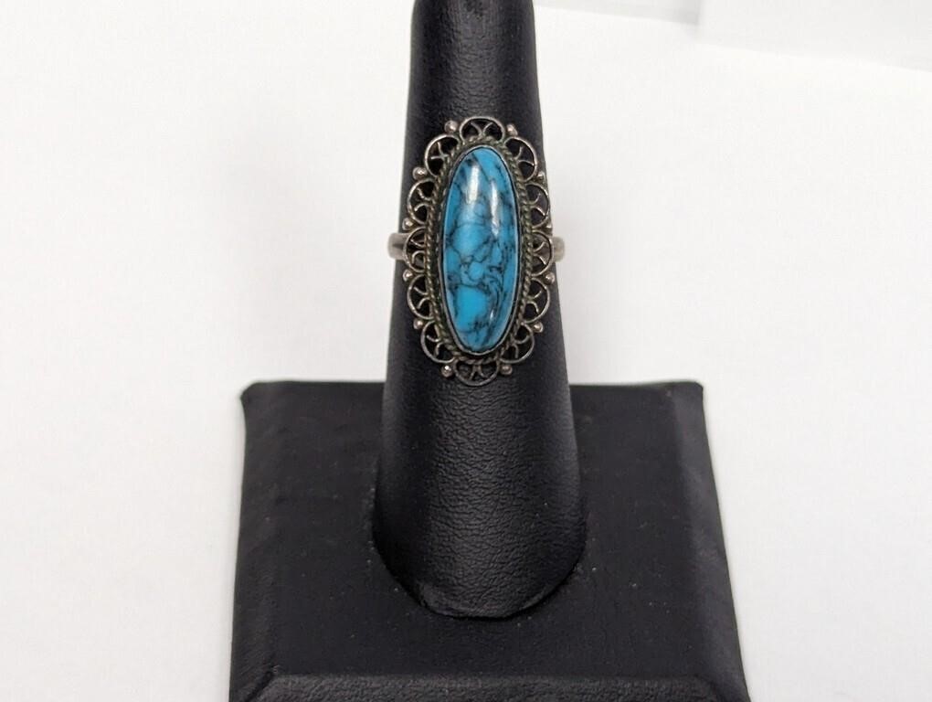 .925 Sterling Oval Turquoise Ring Sz 6
