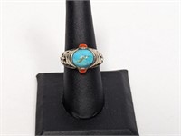 .925 Sterling Turquoise/Coral Ring Sz 8