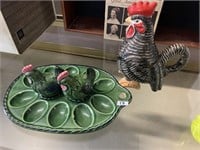 VINTAGE ROOSTER CREAMER , EGG PLATE WITH S & P