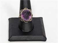 .925 Sterling Round Purple Stone Ring Sz 10