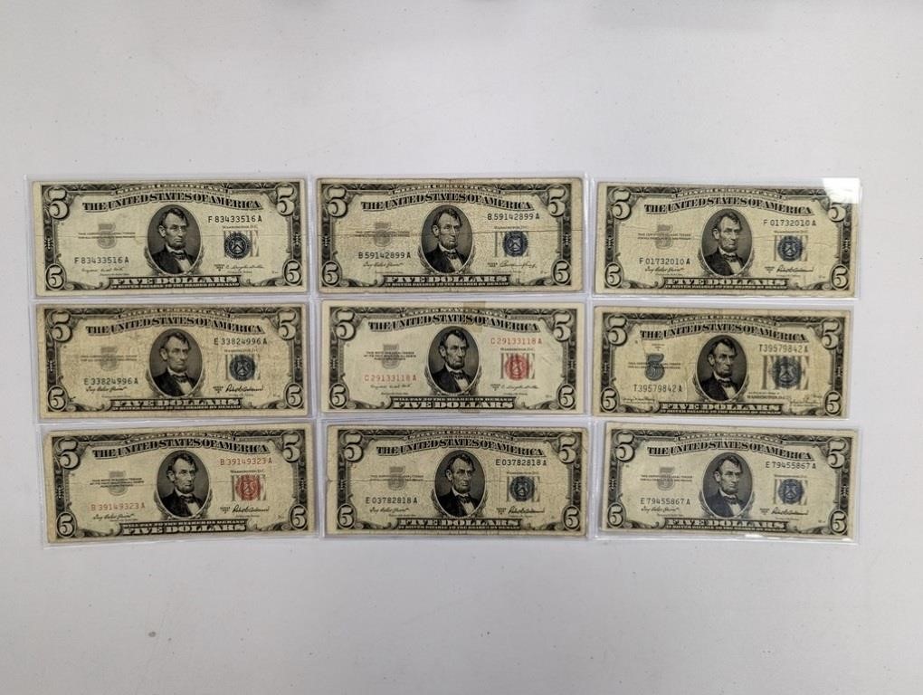 9-$5 Red Seal & Silver Certificates