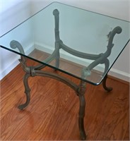 THICK GLASS 24" SQUARE END TABLE ON IRON STAND