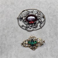 Antique-ish Ruby & Emerald Tone Glass Brooches