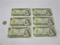 6 x billets de 1$ Canada 1973