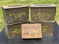 Four (4) Military Ammo Boxes and First  Aid Kit