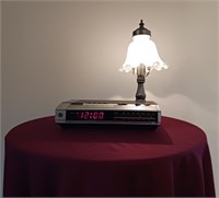 Bedside Table, Clock, and Lamp