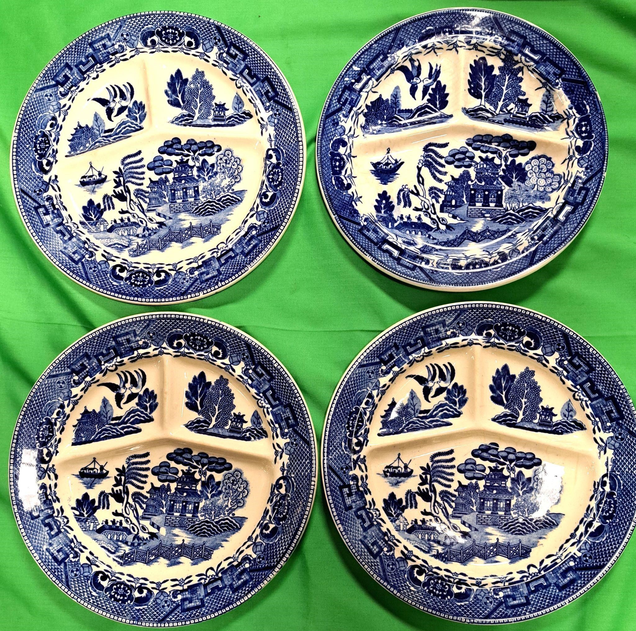 4 BLUE WILLOW DIVIDED PLATES MADE IN JAPAN