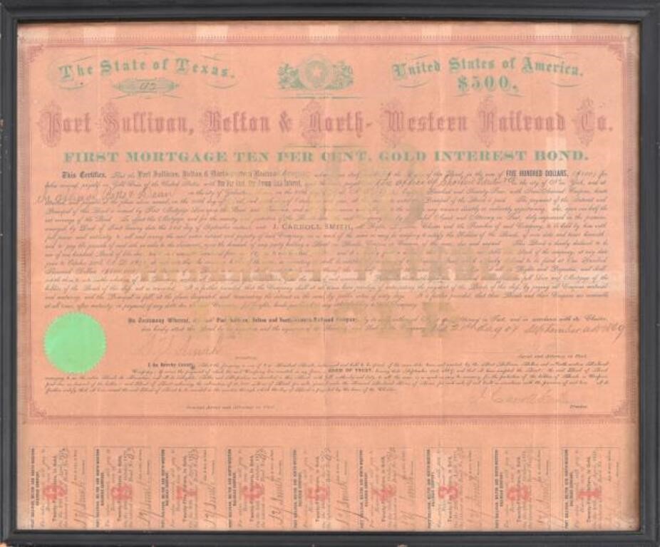 1869 State of Texas $500 Gold Railroad Bond