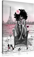 Black Girl & Eiffel Art 16x24in  Gray